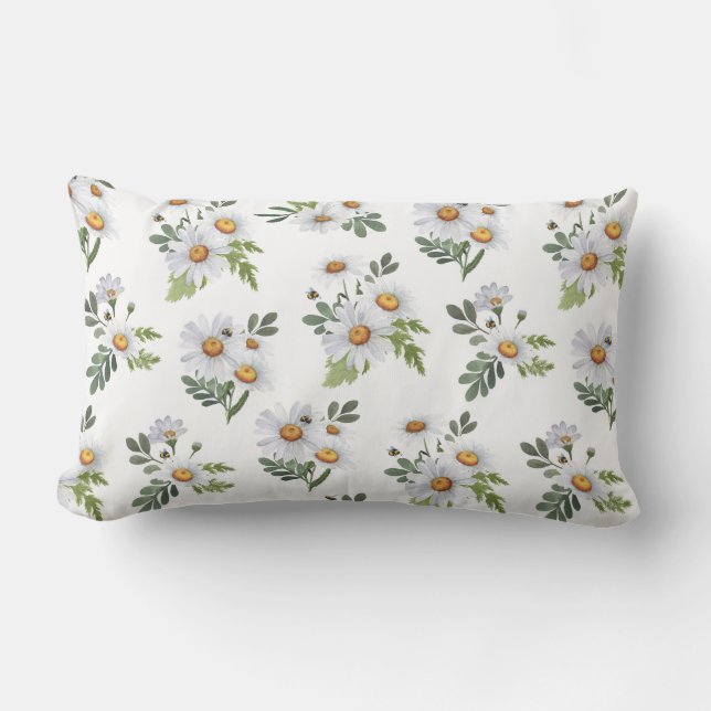 PRETTY WHITE & YELLOW DAISIES WITH TINY BEES LUMBAR CUSHION (Front)
