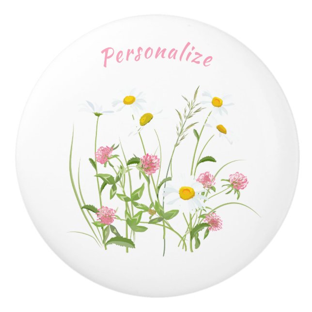 Pretty Wild Flowers Daisy Carnation Personalised Ceramic Knob (Front)