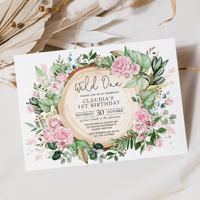 Pretty Wild One Pink Blush Floral Girl Birthday Invitation (Creator Uploaded)