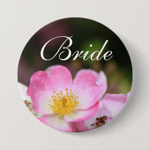 Pretty wild pink rose flower bride wedding button