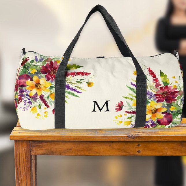 Pretty Wildflower Elegant Floral Nature Flowers Duffle Bag (A monogrammed duffel bag, stylish and elegant with a beautiful floral print in a watercolor style)