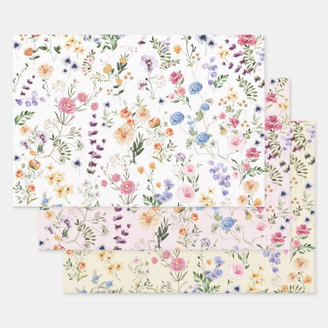 Pretty Wildflower Meadow Botanical Floral Garden Wrapping Paper Sheet (Set)