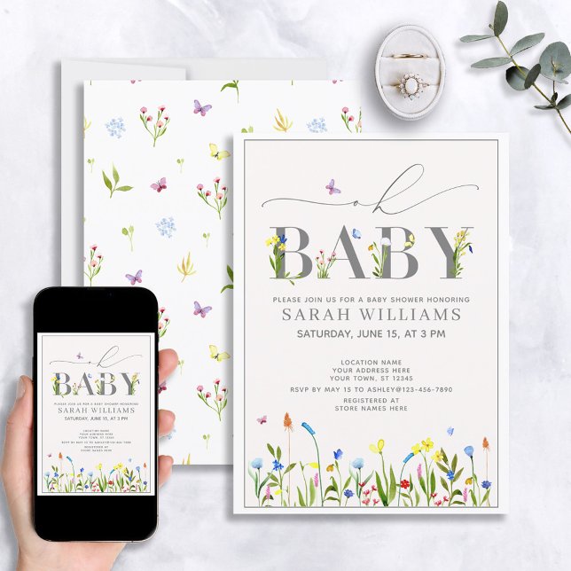 Pretty Wildflower Oh Baby Script Girl Baby Shower Invitation (Creator Uploaded)