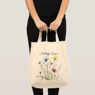 Pretty Wildflower Pencil Sketch Style Grocery Tote Bag