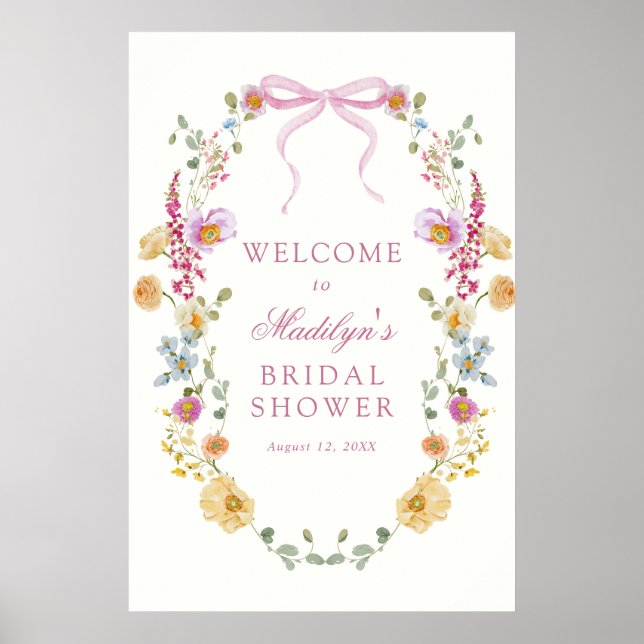 Pretty Wildflower Pink Bow Bridal Shower Welcome Poster (Front)