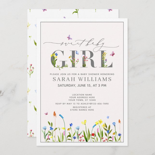 Pretty Wildflower Sweet Baby Girl Script Shower Invitation (Front/Back)