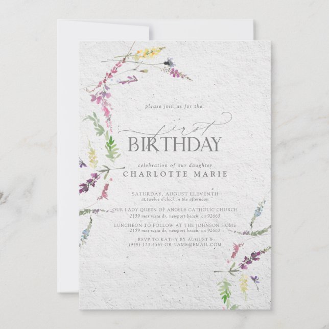 Pretty Wildflower Watercolor Paper 1st Birthday Invitation (Front)