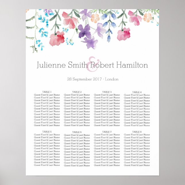 Pretty Wildflowers Beautiful Wedding Seating Chart (Front)