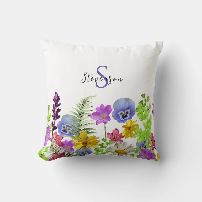 Pretty Wildflowers Custom Name and Monogram Cushion (Front)
