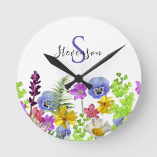 Pretty Wildflowers Custom Name and Monogram Round Clock