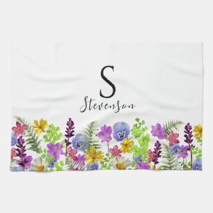 Pretty Wildflowers Custom Name and Monogram Tea Towel