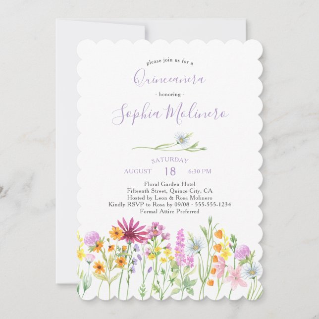 Pretty Wildflowers Feminine Watercolor Quinceanera Invitation (Front)