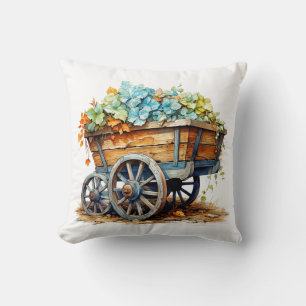 Pretty Wildflowers In A Wooden Wagon Cushion