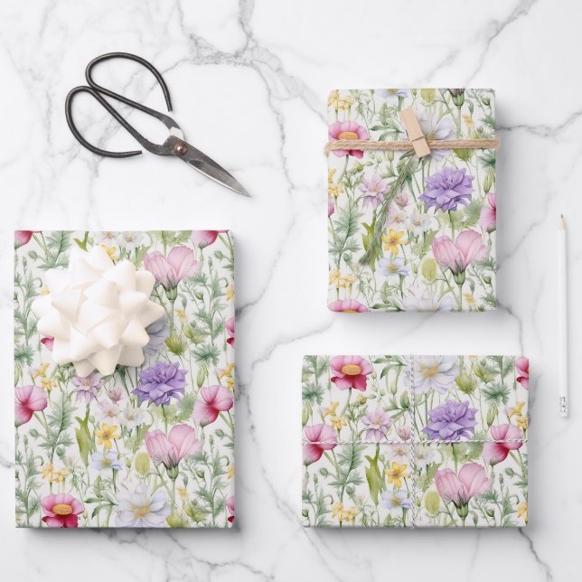 Pretty Wildflowers Pink, Purple, White, Yellow Wrapping Paper Sheet (Front)