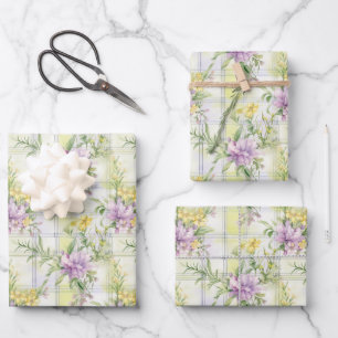Pretty Wildflowers Purple, Yellow, Green Wrapping Paper Sheet
