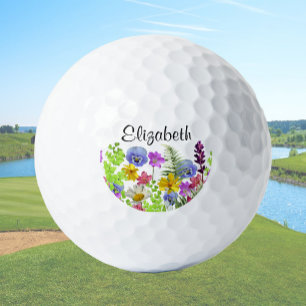 Pretty wildflowers with custom name womens golf balls