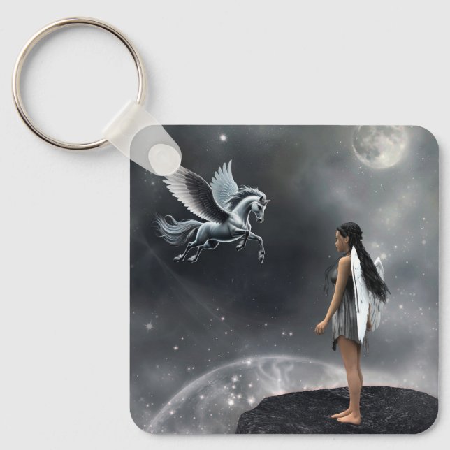 Pretty Winged Fairy and Flying Horse Key Ring (Front)