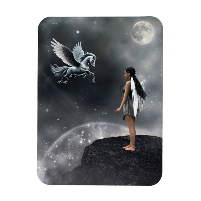 Pretty Winged Fairy and Flying Horse Magnet (Vertical)
