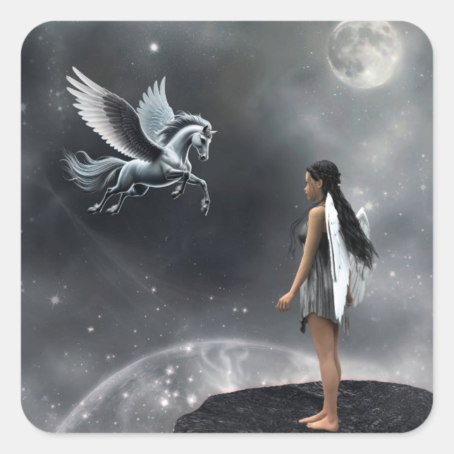 Pretty Winged Fairy and Flying Horse Square Sticker (Front)