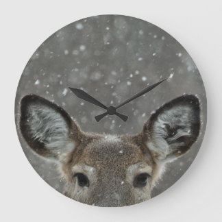 Pretty Winter Deer In Snowfall Large Clock