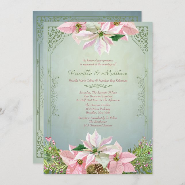 Pretty Winter Pine & Poinsettia, Floral Wedding Invitation (Front/Back)