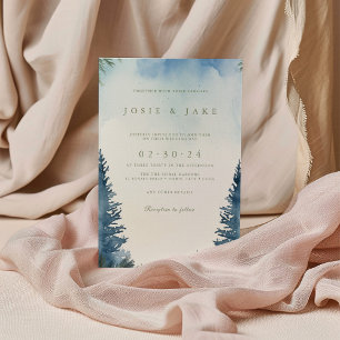 Pretty winter pine trees green wedding invitation