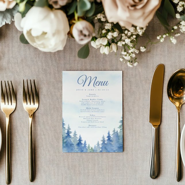 Pretty winter pine trees wedding menu (Blue watercolor forest wedding menu card with elegant script and woodland design)