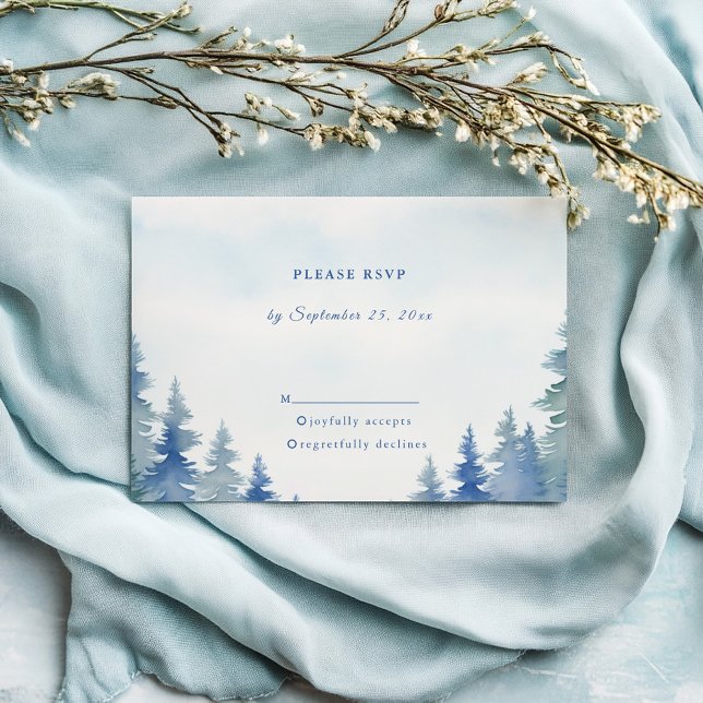 Pretty winter pine trees wedding rsvp response (Soft blue pine trees against a watercolor style wash background RSVP)
