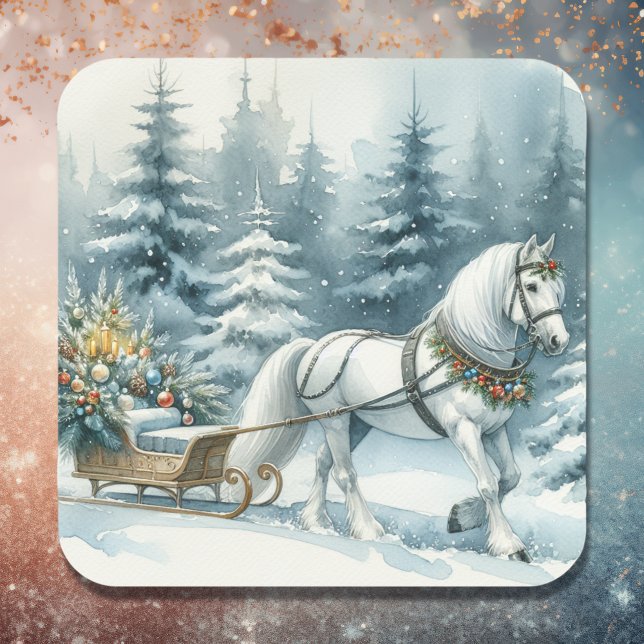 Pretty Winter Scene with White Horse in Snow Square Sticker (Creator Uploaded)