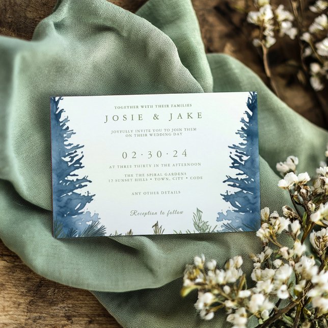 Pretty winter snowy pine trees green invitation (Pretty winter pine trees green wedding invitation)
