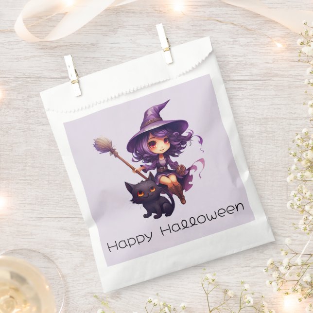 Pretty Witch and Black Cat Happy Halloween Favour Bag (Clipped)