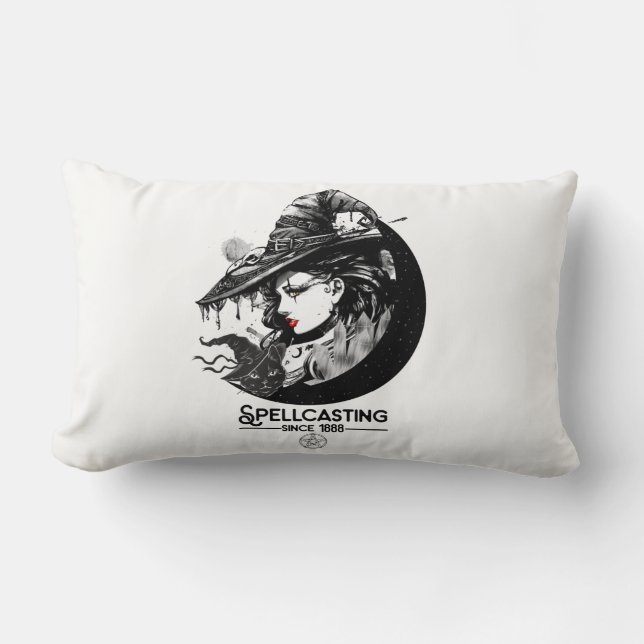 Pretty Witch & Black Cat Wiccan Wicca Spellcasting Lumbar Cushion (Front)