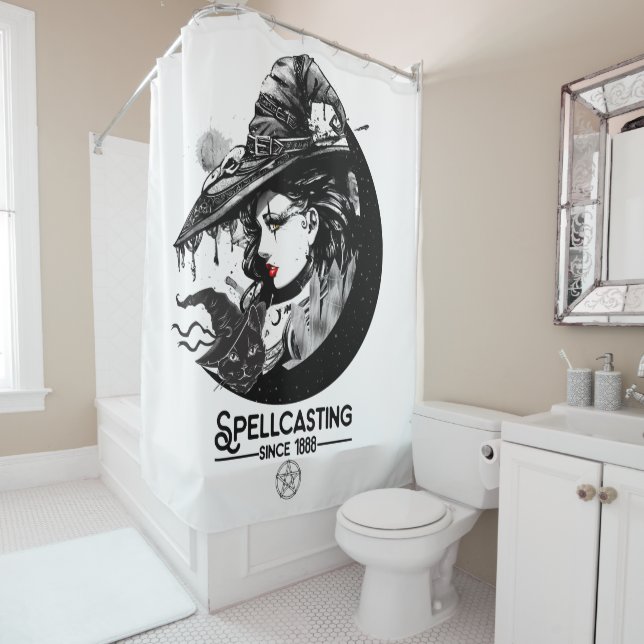 Pretty Witch & Black Cat Wiccan Wicca Spellcasting Shower Curtain (In Situ)