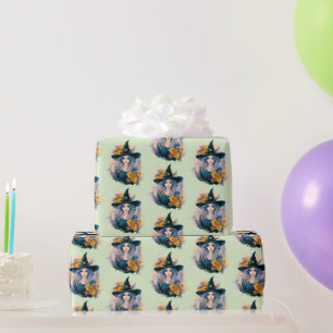 Pretty Witch Black Hat Stars Pattern Halloween Wrapping Paper