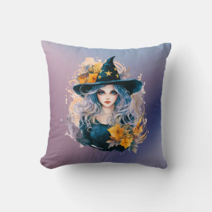 Pretty Witch Hat Stars Blue Purple Halloween Cushion