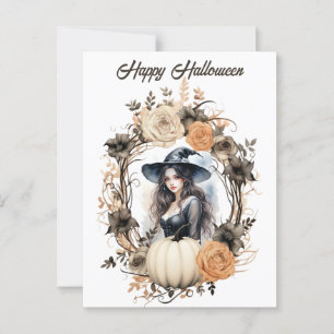 Pretty Witch in Halloween Wreath Postcard