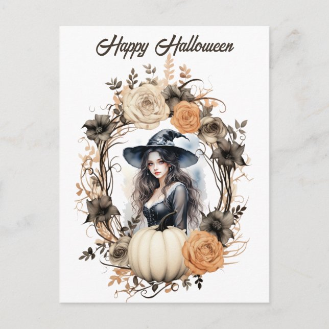 Pretty Witch in Halloween Wreath Postcard (Front)