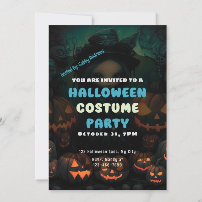 Pretty Witch Jack-O' Lanterns Vintage Halloween Invitation (Front)