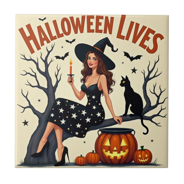 Pretty Witch Lady Drinking By The Tree Ceramic Tile (Front)