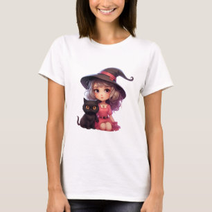 Pretty Witch With a Black Cat Halloween T-Shirt