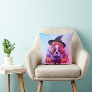 Pretty Witch with Red Curly Hair Purple Halloween Cushion