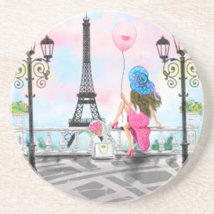 Pretty Woman and Pink Heart Balloon - I Love Paris Coaster