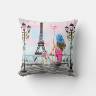 Pretty Woman and Pink Heart Balloon - I Love Paris Cushion