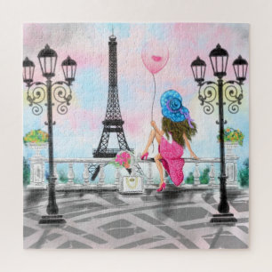 Pretty Woman and Pink Heart Balloon - I Love Paris Jigsaw Puzzle