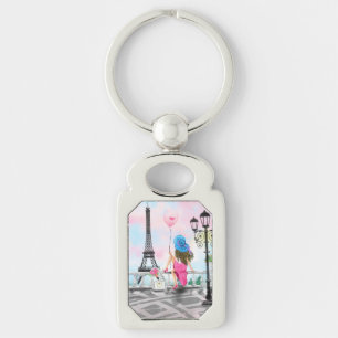 Pretty Woman and Pink Heart Balloon - I Love Paris Key Ring