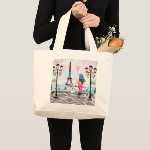 Pretty Woman and Pink Heart Balloon - I Love Paris Large Tote Bag
