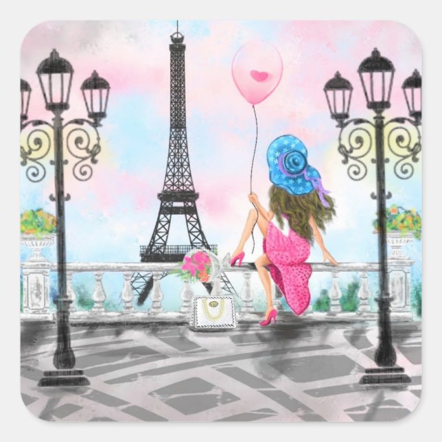 Pretty Woman and Pink Heart Balloon - I Love Paris Square Sticker (Front)