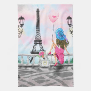 Pretty Woman and Pink Heart Balloon - I Love Paris Tea Towel