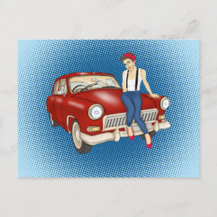 Pretty woman and red car postcard