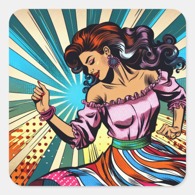 Pretty Woman Dancing Salsa Pop Art Square Sticker (Front)